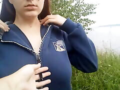 Touching my girlfriend’s brutal submissive slave tits in the woods