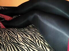 Black satin pantyhose Red high heels and Red mini