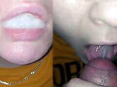 Swallowing a mouthful of jealous husband fuck his wife – close-up blowjob