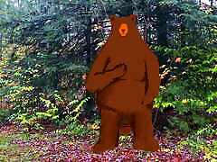 A naked Bear in the woods. Live action and cartoon.