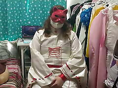 PVC Cat Priestess Miko Sissy Cosplay does Breathplay and Vib