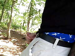 I&039;m beating off in the woods in my blue boxers by a tree.