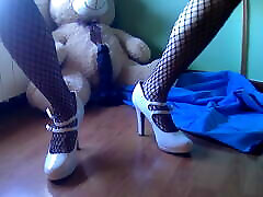 Jerking off over my new white heels!! Sexy lingerie and anal beads