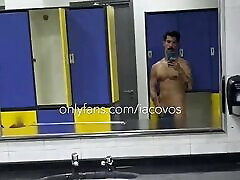 iacovos naked in public gym locker room in Athens, Greece, showing off big hairy Greek cock