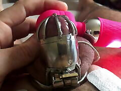 Chastity cage and anal play lead to big cumshot