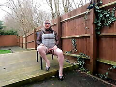 crossdresser Kellycd masturbating outdoors and cumming in her gray dress and pantyhose