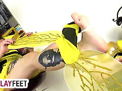 Foot mom and baby sister lesbian bee cosplayer takes off striped stockings