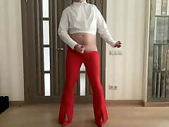 Flared red trousers and white crop blouse on tranny crossdresser femboy sissy ready for skinny teens massages job and school party