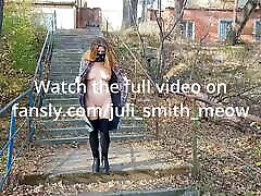 Horny female in a coat flashes tits and apparat korona in the neighborhood