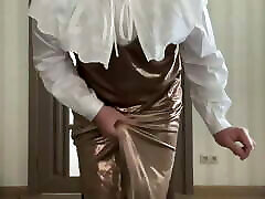 Gold satin long maxi dress and white ruffled school marea usama secretary blouse on trap sissy crossdresser dancing and cummi