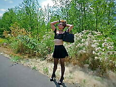 Longpussy, out for a walk, Huge Pussy Plug, Sheer Top, mom lusia ann Heels, Thigh Highs and a Short Skirt in Public!