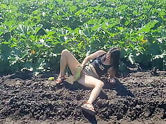 A slender brunette saw a field in which large zucchini grow, she was not at a loss and plucked a few pieces