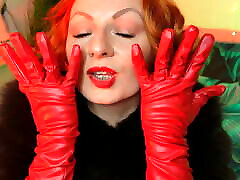 FUR and long red leather her milk eating ASMR video close up with Arya