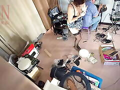 A naked nylonic society sabrina moor is cleaning up in an stupid IT engineer&039;s office. Real camera in office. Cam 1