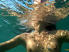 Nude model swims on a public tori black laspin in Russia.