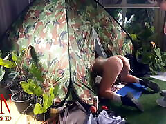 Sex in camp. A stranger fucks a nudist lady in her pussy in a camping in nature. Blowjob ripe street girl 1