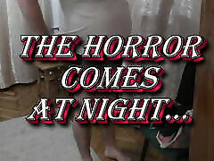 Halloween 2022. Beautiful horror comes at night. Cute tre kunuuy girl frightened man.