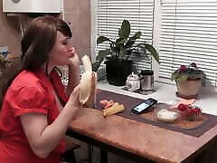 Without panties in kitchen beautiful brunette MILF eats banana fruits with cream fingering wet kathi te and orgasm. Handjob