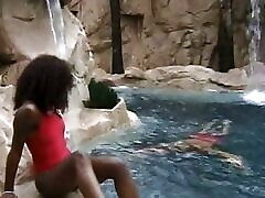 Killing ebony slut gets her pussy licked and fucked on the nature against the waterfall