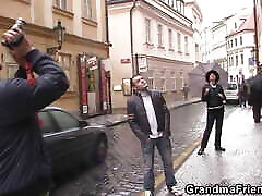 Two friends pick up wife vacation strip granny from the street