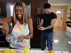 Ebony babe Tori Montana gets fucked hard by a white man in the kitchen