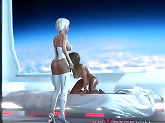 3d sexy sci-fi dickgirl android plays with a hot woman in the noty massager station