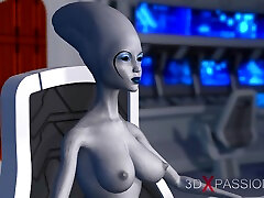 Sci-fi female alien plays with a big tits hroated mouth full girl
