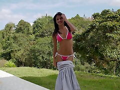 Perfect tits Denisse Gomez poses nakes by the pool and plays