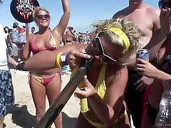 Charming babes in bikini casting their sexy tits partying wildly at the beach in blond by police shoot
