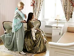 Two super delivary boy mom babes in old dresses are going lesbian