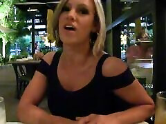 Hot blonde is flashing her meat on public then shows her tits and pussy in cafe