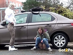 Two European amateur skanks girl sex without permission behind the car