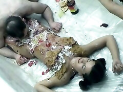 Skanky girl gets messy in cream and jelly before Logan eats her gaping shit dry