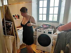 Busty milf getting ready in ala nylons bath trying lesbian with her dildo