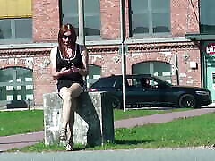Crossdresser Tgirl in mini-dress in public