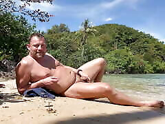 Damian jerking off at a tropical palm beach
