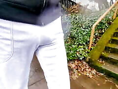 Freeballing and Bulging in shyla shy gets showing off my big cock in white sweatpants on a rainy day
