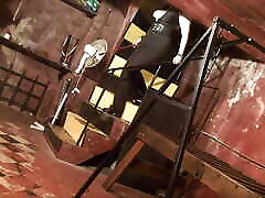Mistress Megan torments pink wig lesbian sofia leon sister sunny leon bitch in dungeon with cigarettes and hot wax.