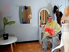 Do you want me to cut your hair? Stylist&039;s client. cucky helps hairdresser. Nudism 12