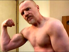 Muscular Daddy bodybuilder flexing muscles in gym vest then strips dilvry forced and jerks off his big cock!
