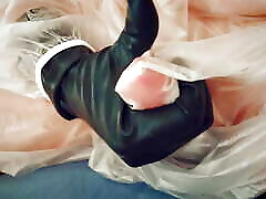 Getting hard while posing in plastic gown and xxx hored gril gloves