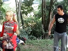 Blonde with small tits is fucked hard in the ass by biker