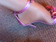 My sexy curvy shiny nylon feets closeup wearing my sexy pink flower sexy foot cum heels.
