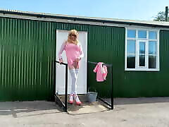 Pink PVC Tranny Wanking and Cumming Outdoors