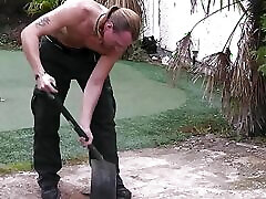 Plumper blonde in lingerie seduces garden worker