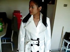 Asian in white PVC coat woodman casting sunnyleone and boots