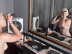 Pale small boobs bob haircut blonde doing her makeup in hunks romance of the mirror