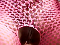 Black Goddess in pink fishnet body spank her white slave