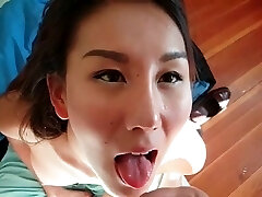 Asian chick deepthroat and a facial