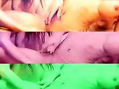 Tanned ladyboy with gigantic tits strips her black pants and